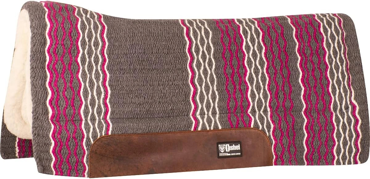 Saddle pad with striped pattern and brown leather patch