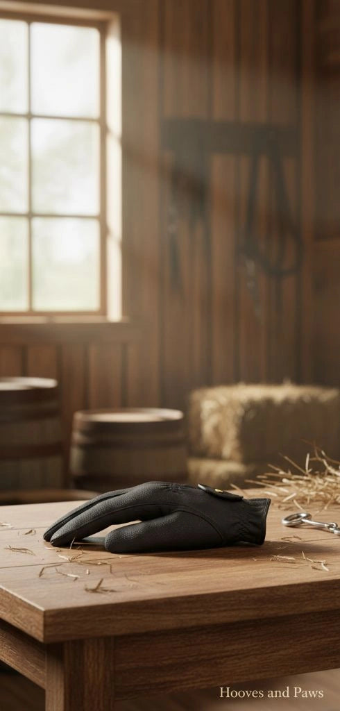 Black leather ROECK Grip riding glove by Myler Roeck on a wooden table with hay and a horse bit, in a blurred barn setting with a sunlit window.