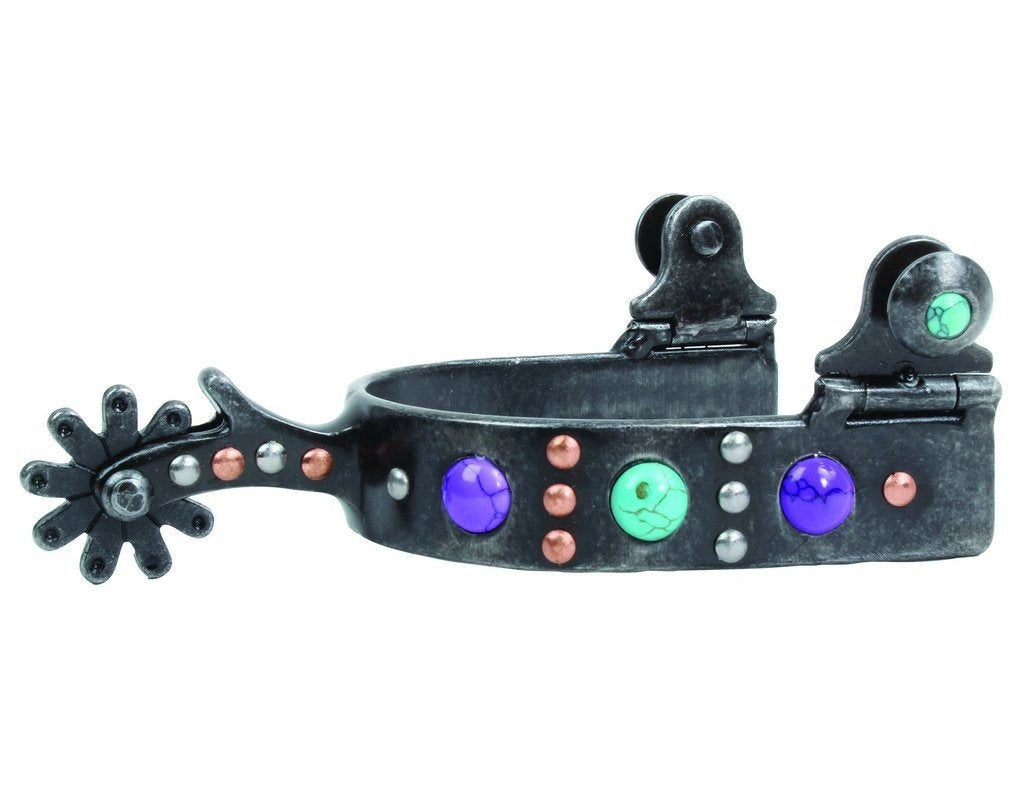 Professional's Choice Stone Dot Western Spurs - 3/4" Band, 10-Point Blunted Rowel, Purple & Turquoise Accents