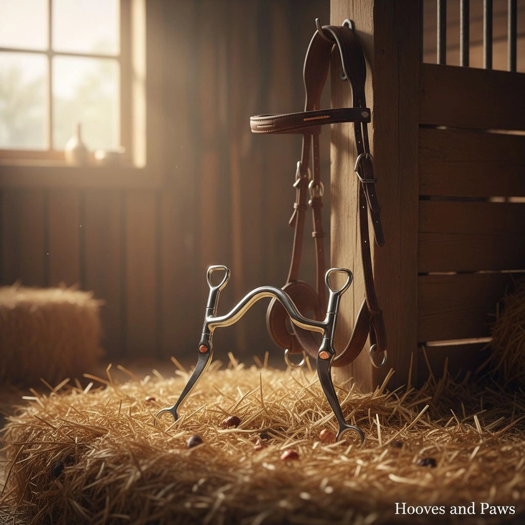 Myler MB 16 Sweet Iron Curb Bit with copper inlay standing on golden hay in a sunlit barn, with a leather bridle hanging in the background.