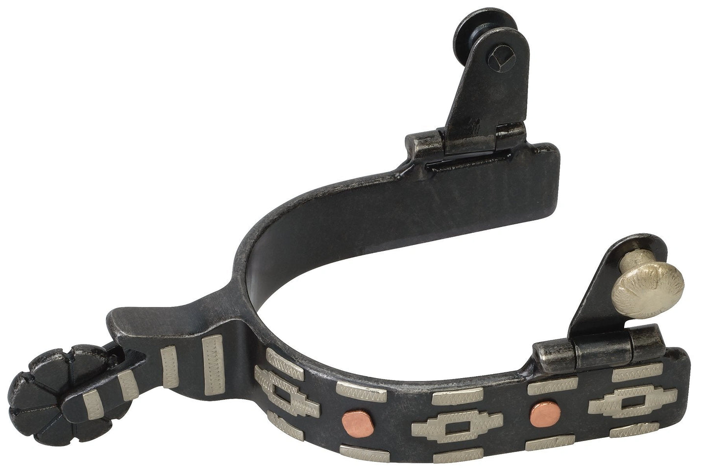 Weaver Leather Ladies' Spurs with German Silver Aztec Trim & Copper Dots - 1-1/2" Shank, 3/4" Band, 8 Point Rowel