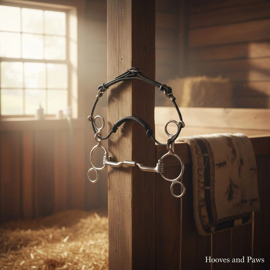Myler MB 04 Combo Bit, sweet iron comfort snaffle, hangs on a barn's rustic wooden post with a sunlit window, hay, and patterned saddle pad in the background.