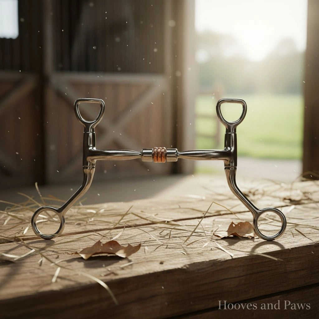 Myler HBT Shank Snaffle Bit MB 03, sweet iron with copper roller, on rustic wood and hay in a sunlit barn.