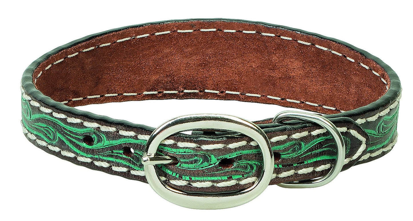 Weaver Leather Carved Flower Dog Collar - Dark Oiled Leather with Turquoise Accents and White Stitching