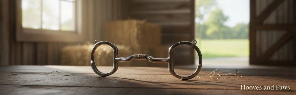 Myler 04 Stainless Steel Eggbutt with Hooks horse bit, Level 2 with copper inlay, 4 3/4" size, resting on a rustic wooden barn floor with sunlight streaming in, hay bales, and a green field visible through an open door.