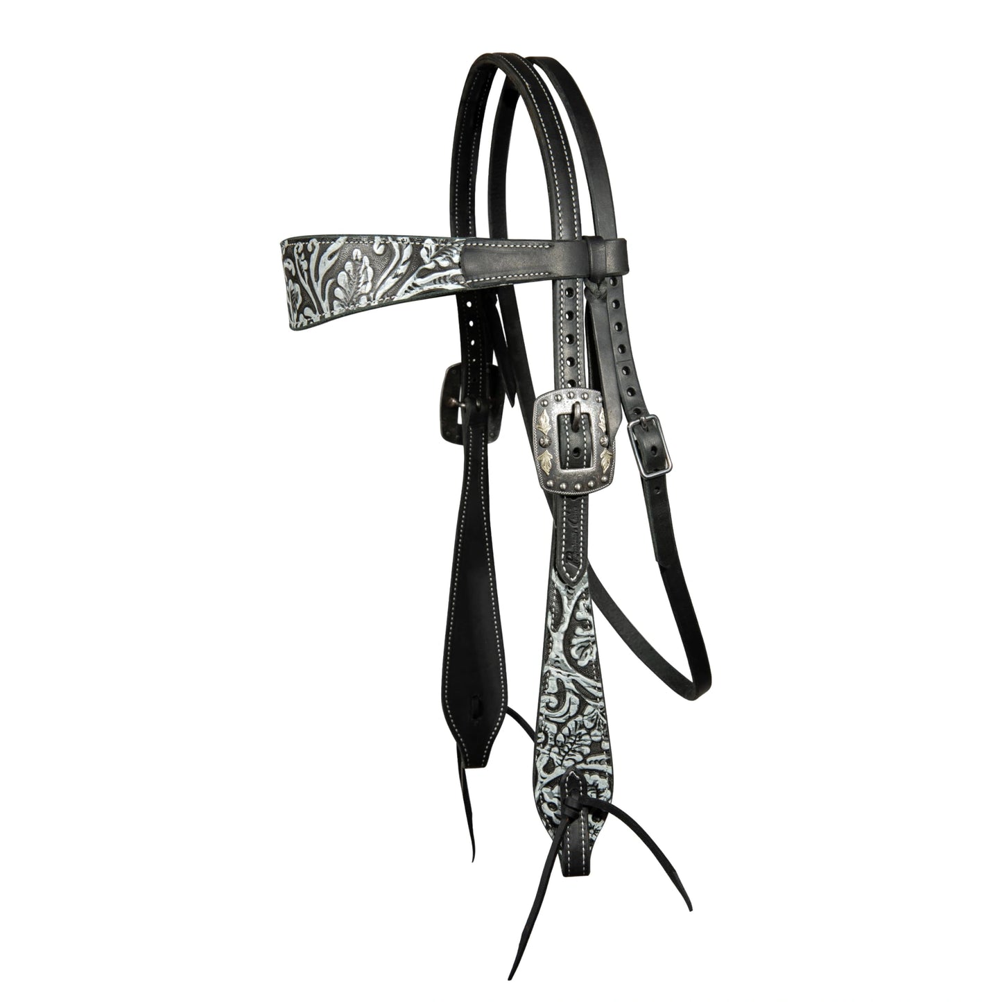 Professional's Choice Swell Cheek Paisley Headstall |Black Latigo Leather with a Black and White Paisley Overlay | Black lace tie at The bit | Available in One-Ear and Browband