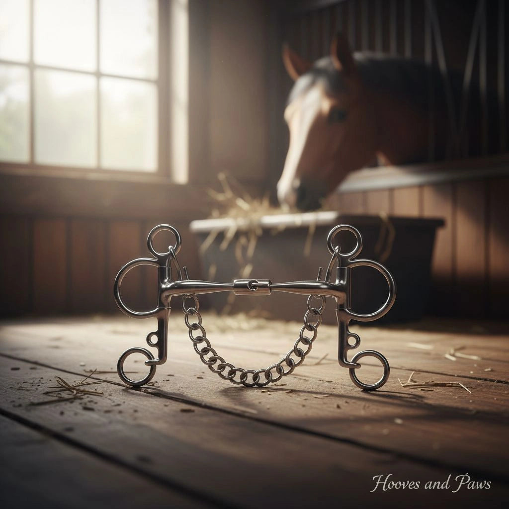 Myler MB 02 Pelham horse bit, stainless steel with a chain mouthpiece, resting on a wooden barn floor with a horse in the blurred background.