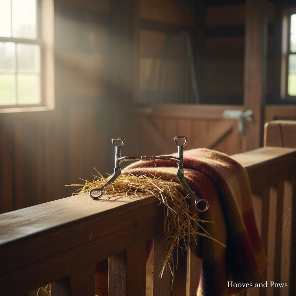 Myler MB 02 Snaffle Bit, sweet iron with copper inlay, resting on a wooden barn rail amidst straw and a striped wool blanket, illuminated by sunlight.