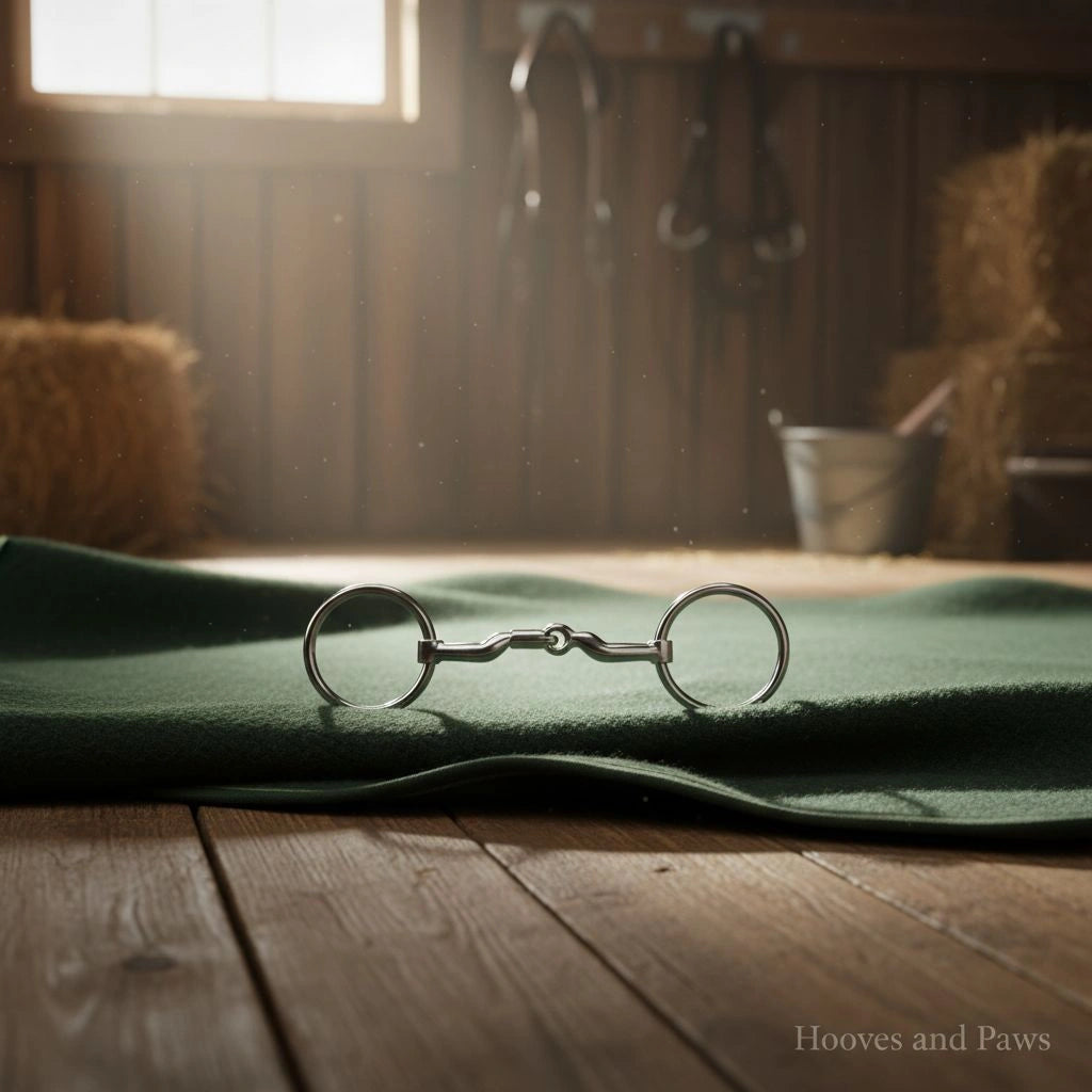 Polished silver Myler MB 06 Loose Ring Snaffle Bit on a green blanket. Sunlit wooden stable background with hay bales, horse bridles, and a bucket.