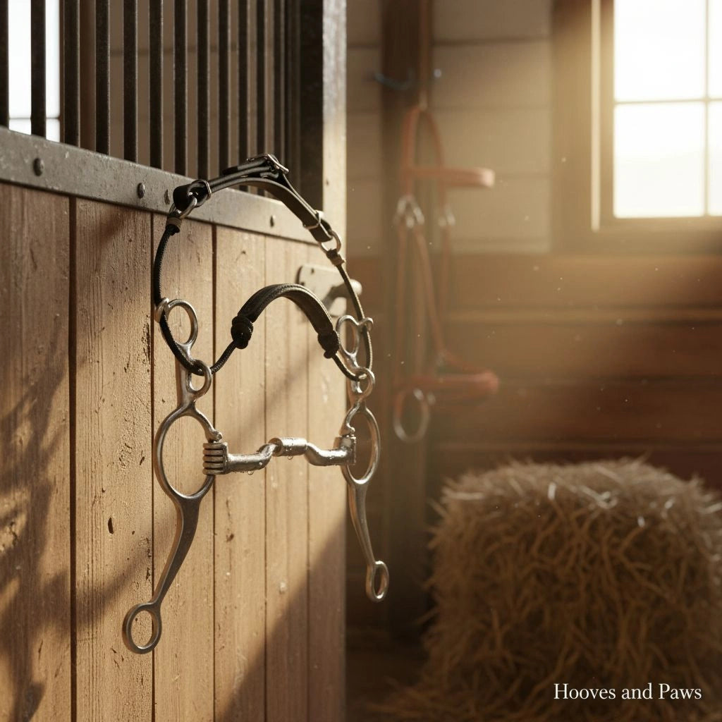 Myler MB 04 Combination Bit - Sweet Iron, 7.5 inch Shank, Comfort Snaffle - hanging on a wooden stable door with water droplets. A warm, sunlit stable interior with a hay bale is in the background.