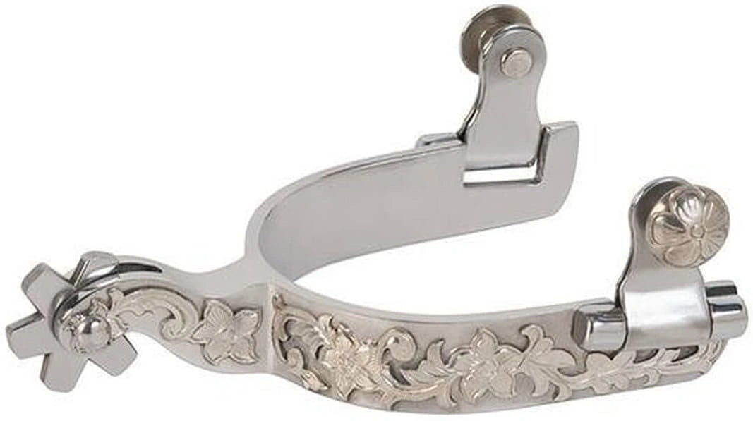 Weaver Leather Ladies Stainless Steel Spurs with German Silver Floral Trim - 3/4" Band & 6-Point Rowel