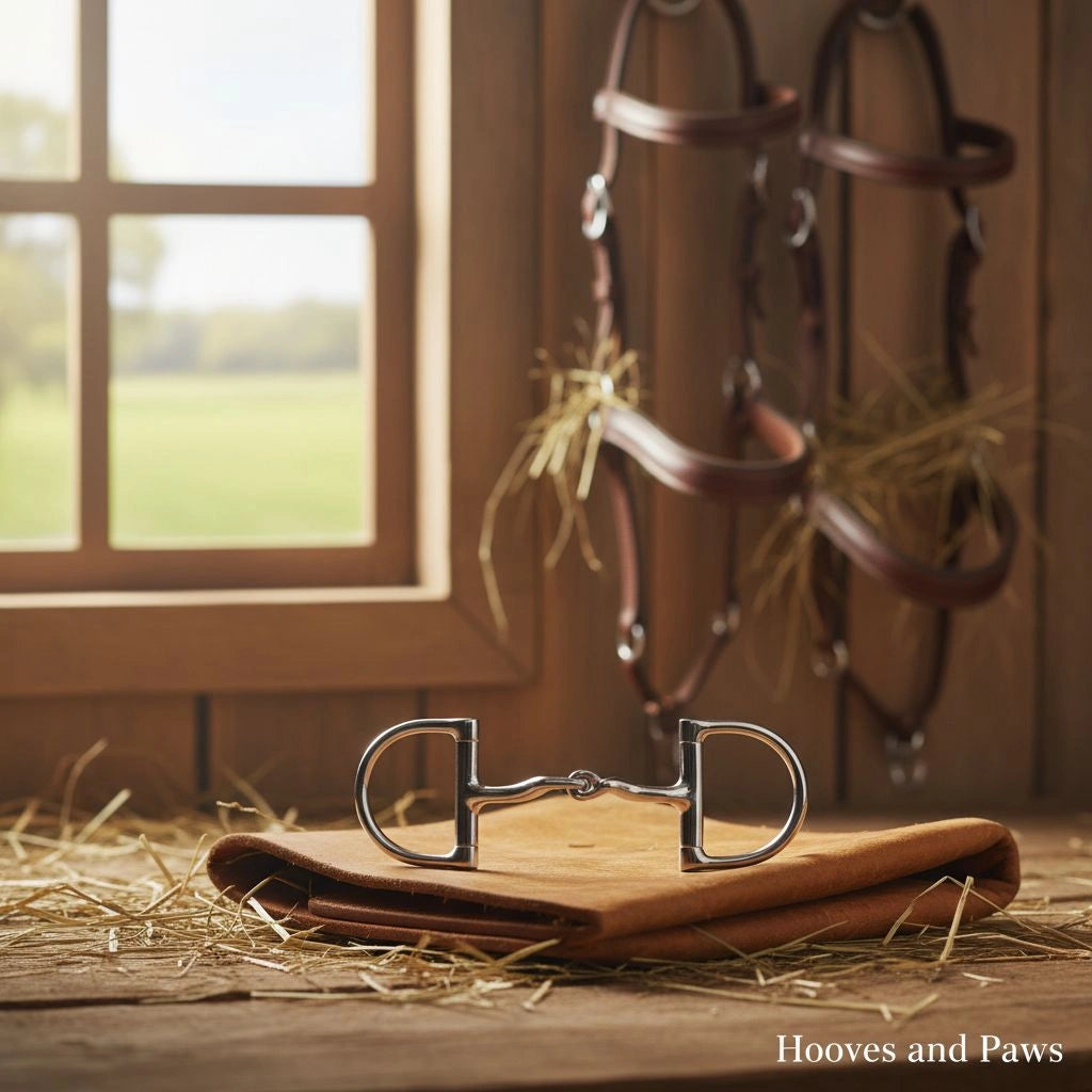 Silver Myler MB 36 Dee Snaffle horse bit on a brown leather pad, surrounded by hay in a rustic barn with bridles and a window overlooking a green field.