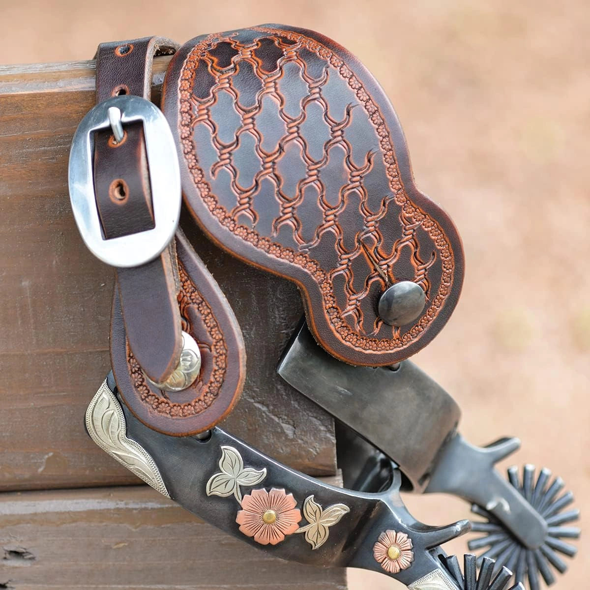 Martin Saddlery Tombstone Natural Leather Spur Straps - Twisted Wire Tooling - Adjustable Fit