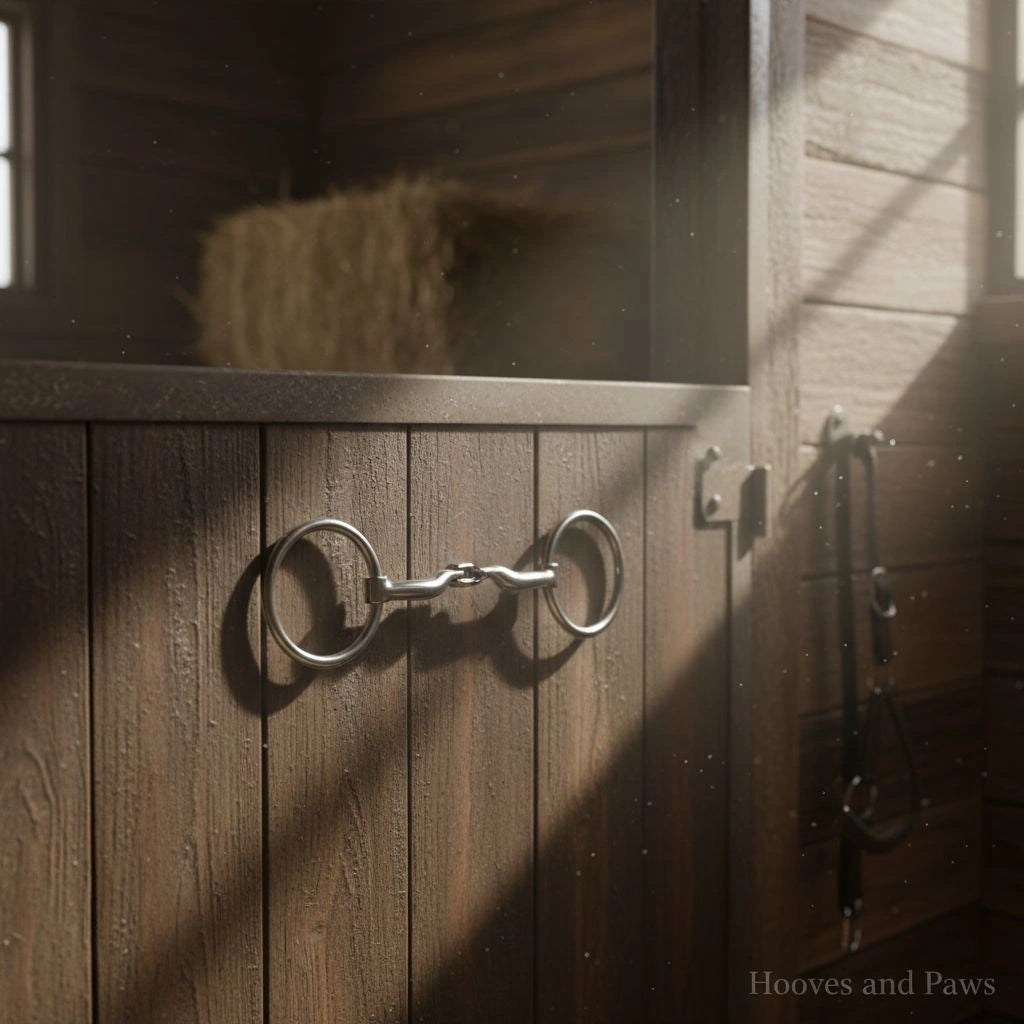 Myler MB 04 Loose Ring Snaffle Bit (5 inch), silver-colored, hangs on a dark wooden stable door. A blurred horse stall interior with hay, another bridle, and dusty sunlight are in the background.