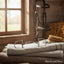 Myler 33WL wide ported dressage snaffle horse bit rests on stacked equestrian blankets in a rustic barn, with a hanging bridle, grooming brush, and lavender sprigs.