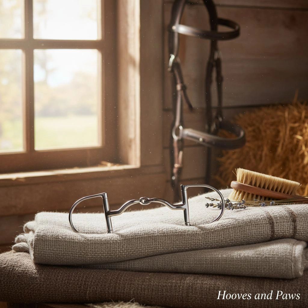 Myler 33WL wide ported dressage snaffle horse bit rests on stacked equestrian blankets in a rustic barn, with a hanging bridle, grooming brush, and lavender sprigs.