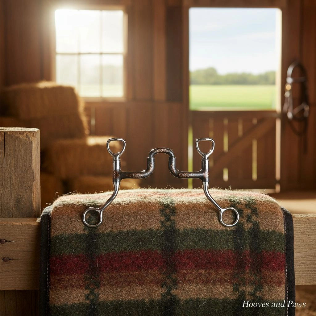 A Myler MB 47 Tom Thumb Snaffle Bit in sweet iron with intricate copper inlay, displayed on a striped horse blanket in a sunlit barn with hay bales and an open view to a green pasture.