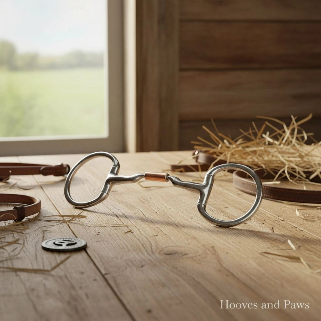 Myler Eggbutt Snaffle horse bit, 5-inch with copper inlay, lying on a rustic wooden stable table with scattered hay and brown leather tack, a green field visible through a window in the background.