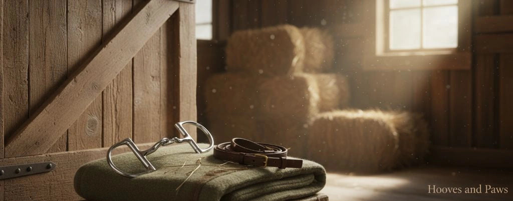 Myler English Dee Bit 4 1/4" MB 36 #89-21362 and brown leather bridle strap on green blanket in a sunlit barn with hay bales.
