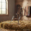 Myler MB 02 Snaffle Bit, sweet iron with copper inlay, resting on a hay bale in a sunlit barn.