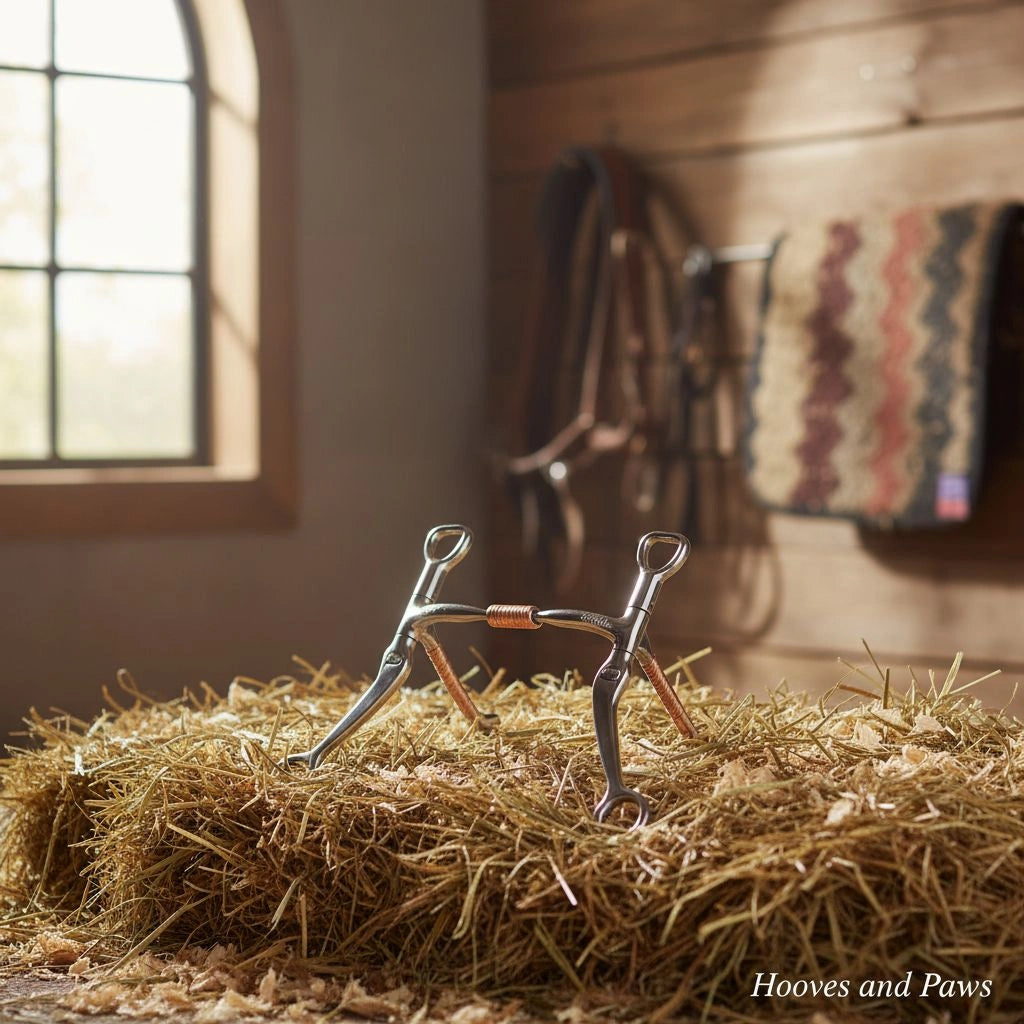 Myler MB 02 Snaffle Bit, sweet iron with copper inlay, resting on a hay bale in a sunlit barn.