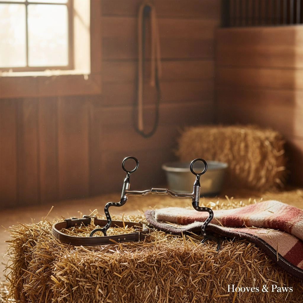 Myler Black Steel Seven Shank Low Port Comfort Snaffle horse bit MB 04 #89-13045 on a hay bale with a leather strap and plaid saddle pad. Rustic barn interior with sunlight, wooden walls, and more hay.