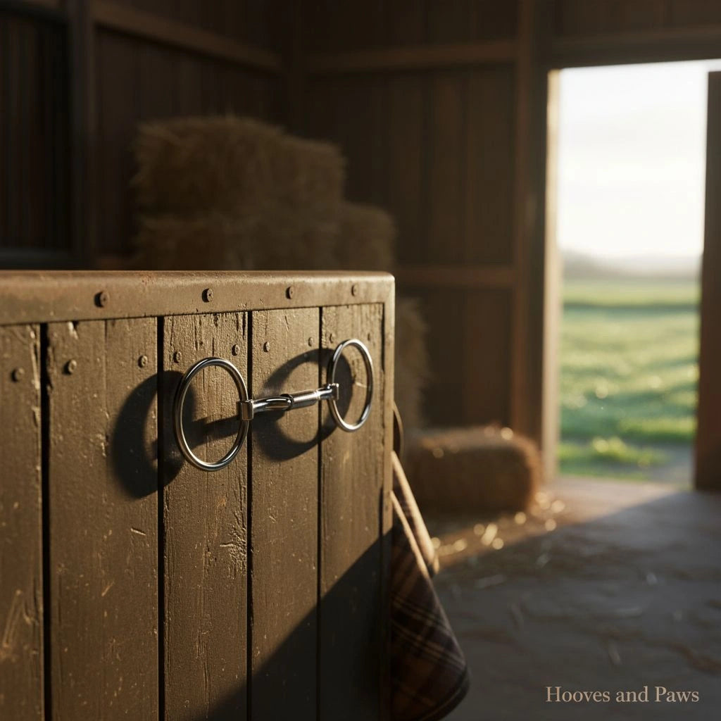 Silver Myler MB 36 Loose Ring Snaffle Bit hanging on a dark wooden stable wall, with stacked hay bales and a bright green field visible through an open barn door in the background.
