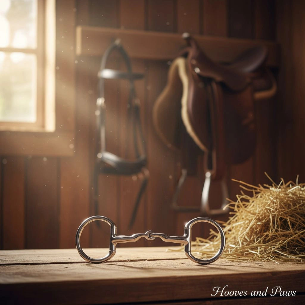 Shiny Myler Eggbutt Snaffle horse bit on a wooden stable table with blurred bridle, saddle, and hay in the background, bathed in sunlight, perfect for dressage comfort and precision.