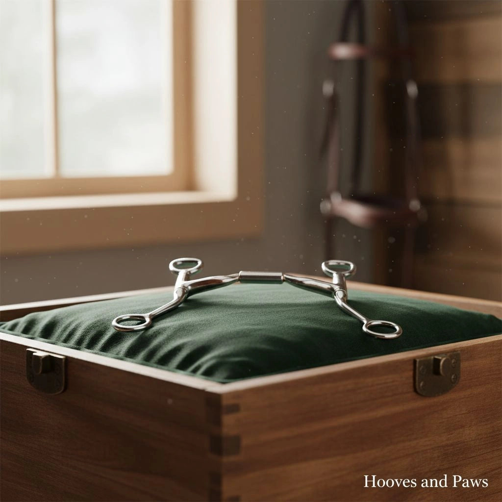 Myler MB 06 Snaffle Bit with sweet iron mullen barrel and copper inlay, displayed on a green velvet cushion in a wooden box. Ideal for equestrian comfort and control.