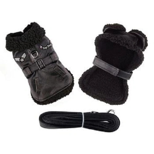 Doggie Design Black Top Dog Flight Outdoor Jacket Coat With Matching Leash - Hooves and Paws