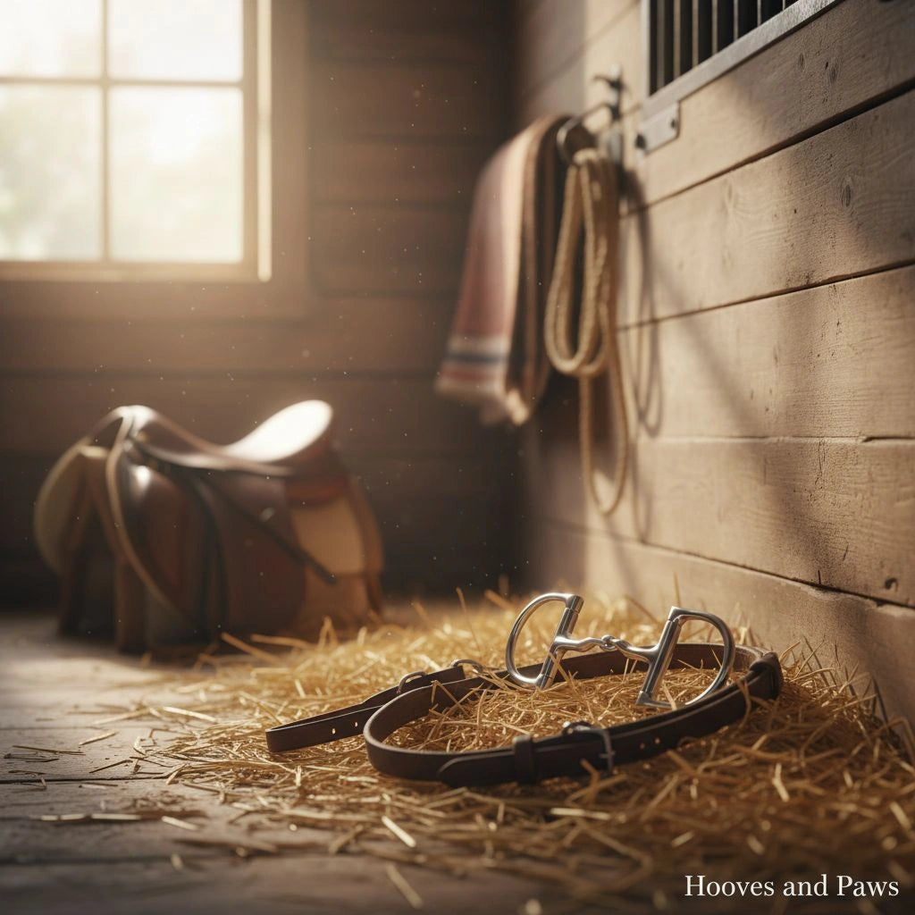 Myler MB 36 Dee Snaffle, a stainless steel bit on a brown leather bridle, lies on hay in a rustic stable. A saddle and sunlit window are in the background. Dressage legal.