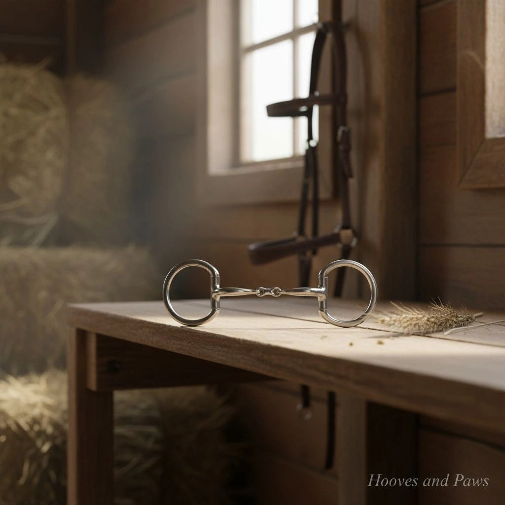 Myler Eggbutt Snaffle Bit Stainless Steel French Link MB 10 on a wooden table in a barn, with hay bales and a leather bridle in the background.