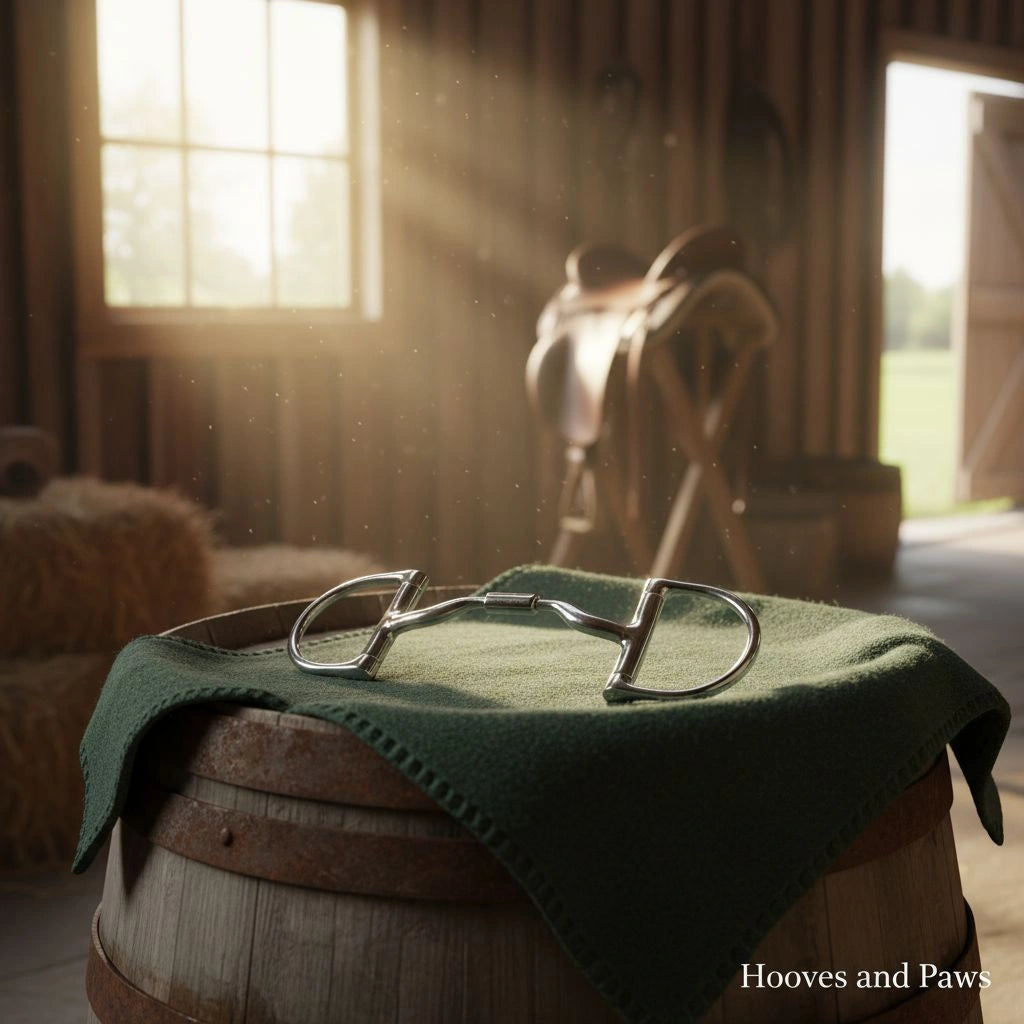 Myler Pony Dee snaffle bit on a green cloth atop a wooden barrel in a sunlit barn, with a saddle and hay bales in the background, symbolizing comfort and control for young horses.