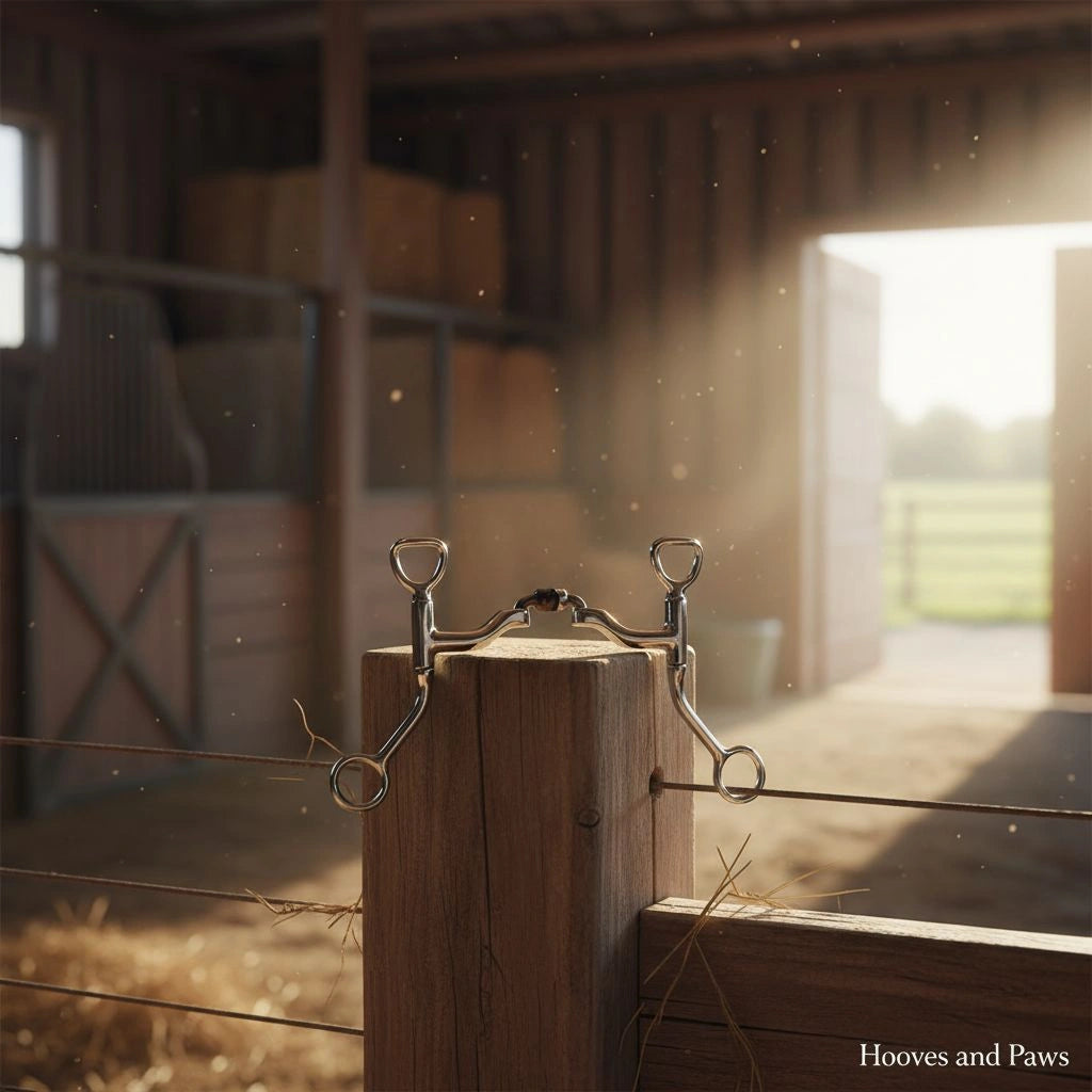 Myler MB 41PB Sweet Iron Correctional Ported Barrel Snaffle horse bit resting on a wooden fence post, with warm sunlight illuminating a rustic barn interior and outdoor field.