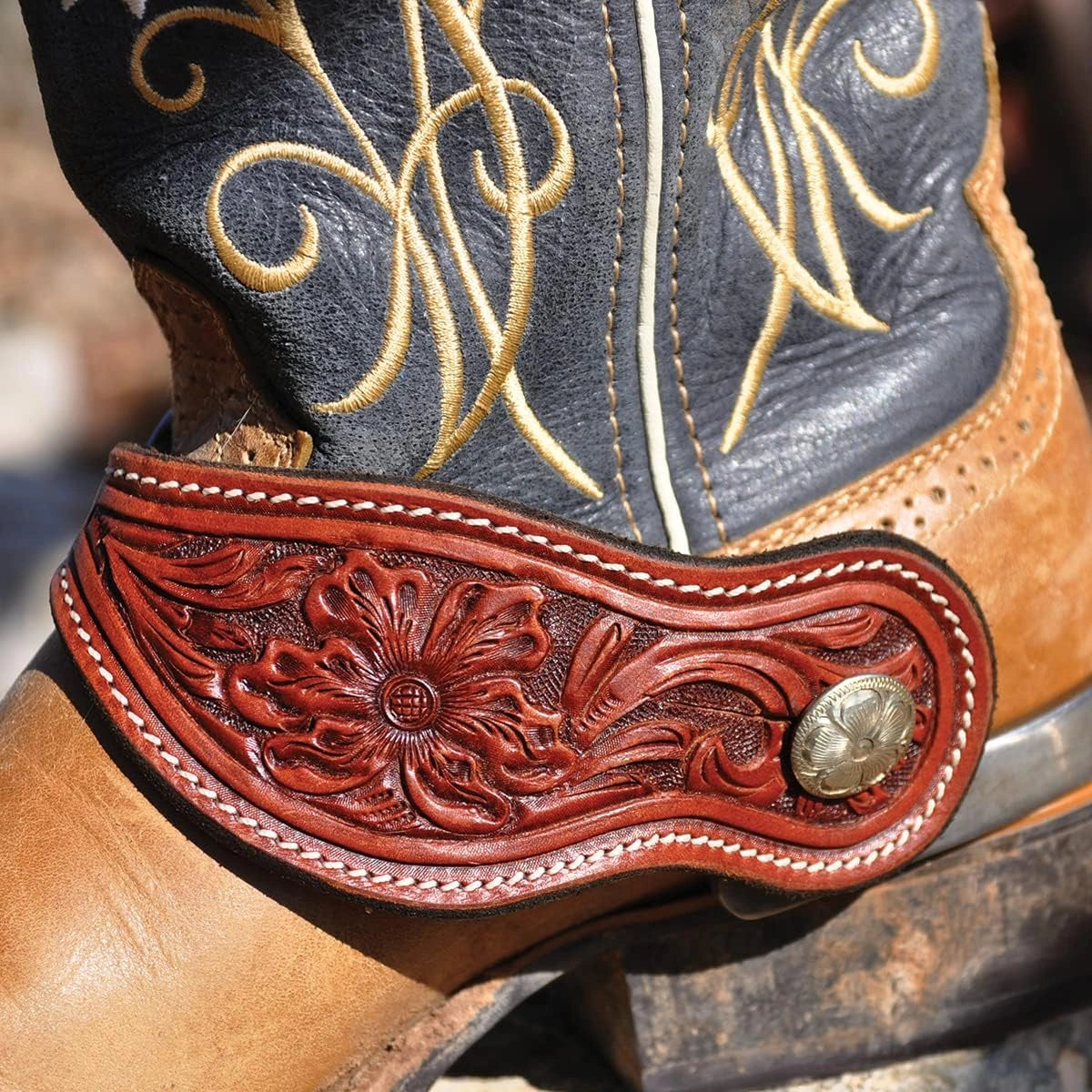 Alpine Flower Tooling Cowboy Spur Straps - Chestnut Leather - ssunk, displayed with professional product photography