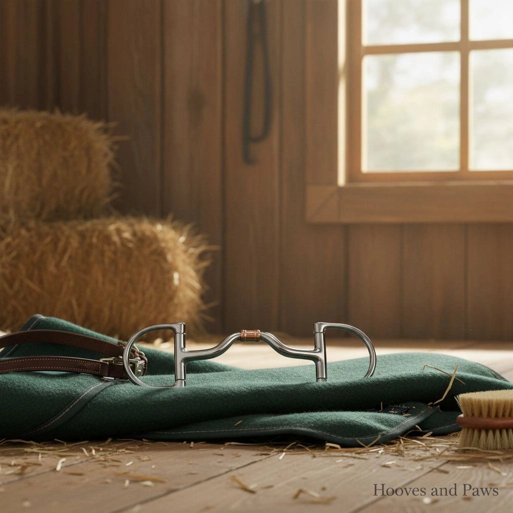 Myler MB 33 Dee Snaffle horse bit in stainless steel with a ported barrel and copper inlay, displayed on a green equestrian blanket with a leather strap and brush in a sunlit wooden barn with hay bales.