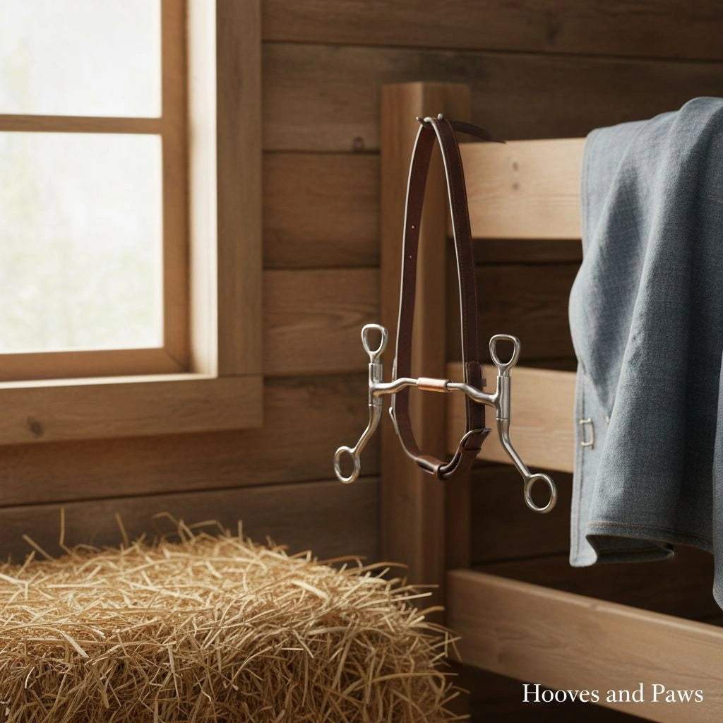 Myler MB 04 Comfort Snaffle sweet iron horse bit with copper inlay and brown leather, hanging in a rustic barn with hay.