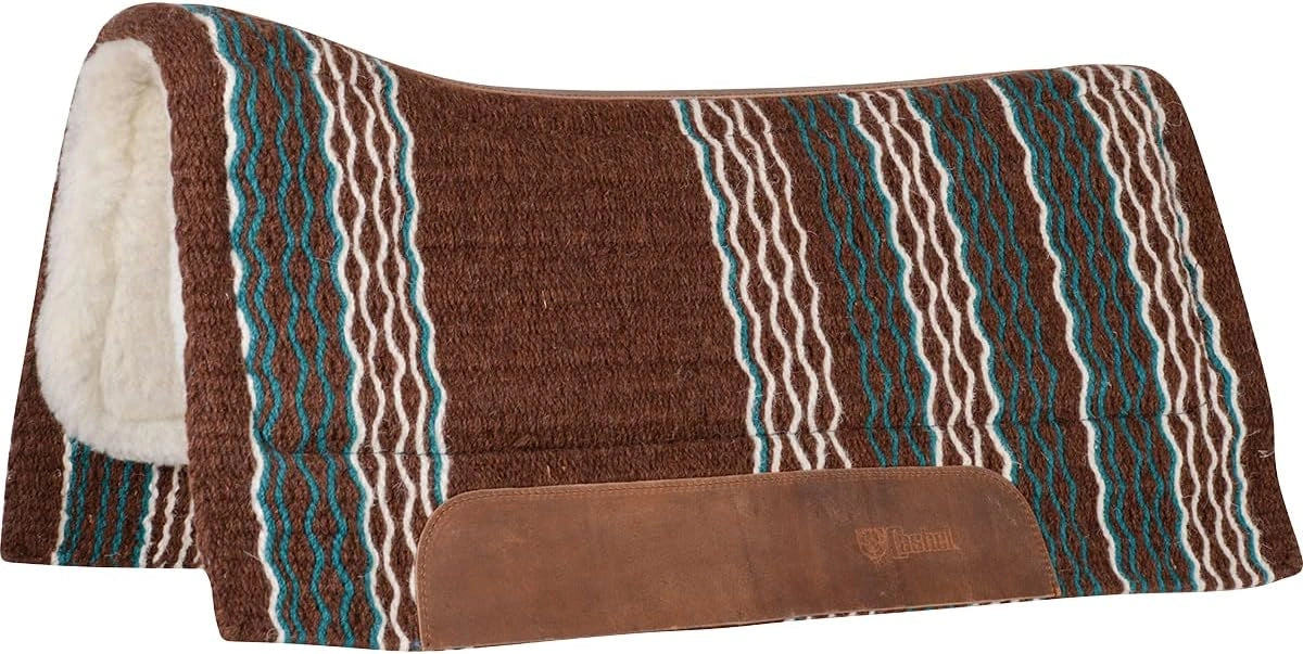 Brown saddle pad with striped pattern on a white background