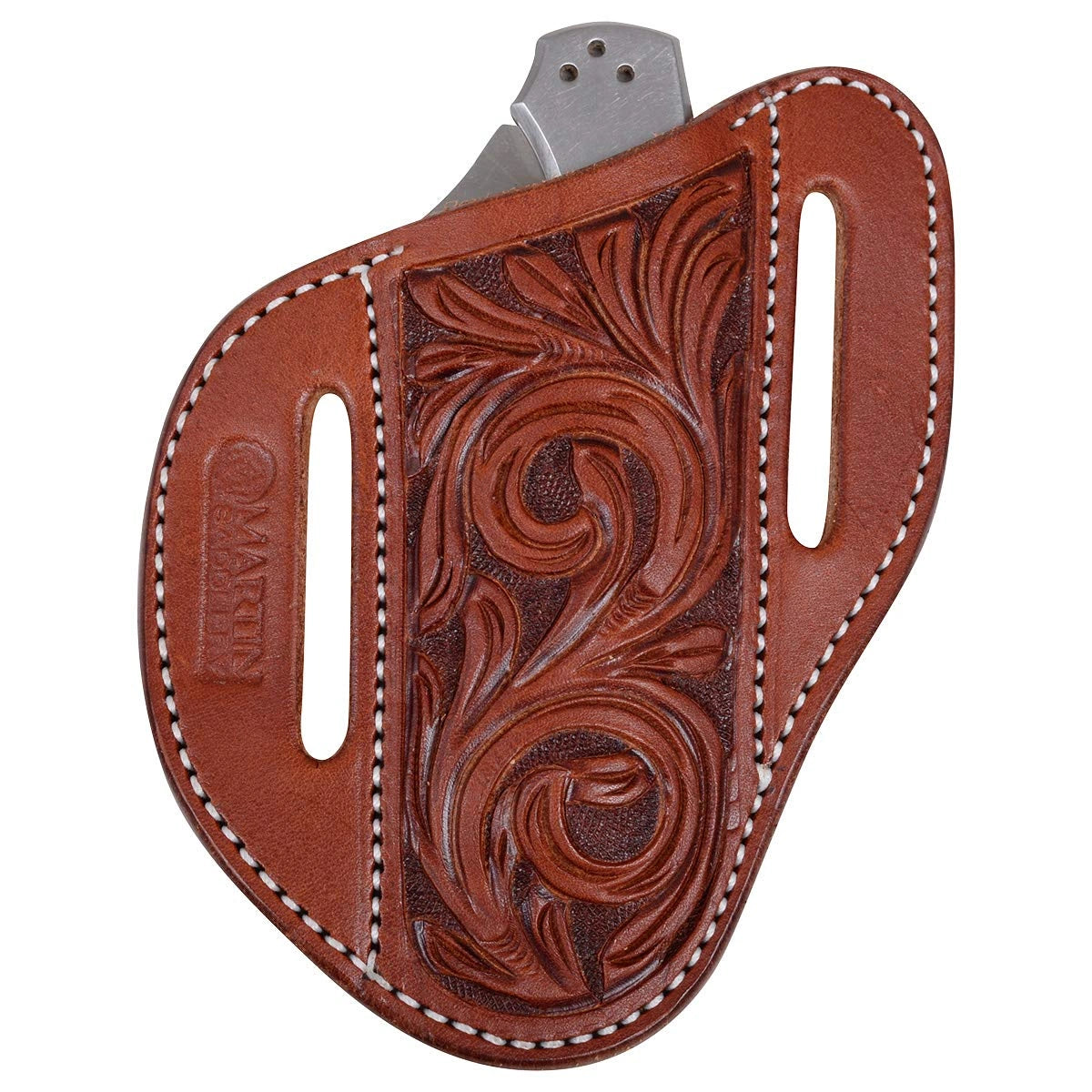 Martin Saddlery Floral Angled Tooled Leather Knife Scabbard - Large 4 7/8in L x 4 3/8in W - Made in USA