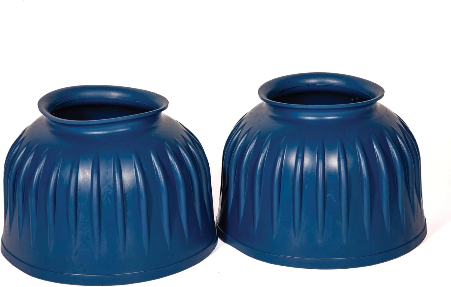 Two blue plastic cups with ribbed texture for horses' hooves