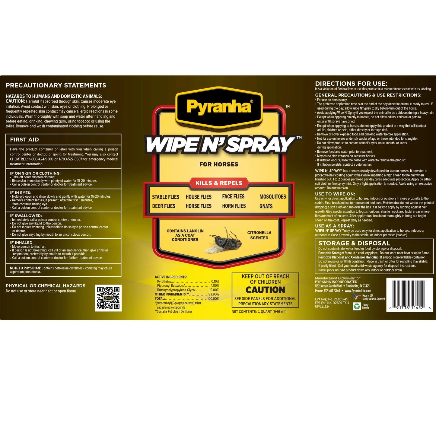 Pyranha Wipe N' Spray – Oil-Based Sweat-Resistant Fly Control