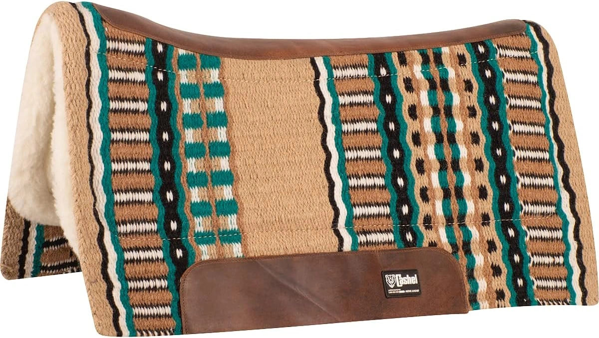 Patterned saddle pad with brown and green design on a white background