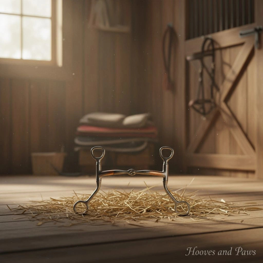 Myler HBT Shank Comfort Snaffle Bit with sweet iron and copper inlay, displayed on straw in a sunlit stable.