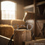 Myler Eggbutt Snaffle bit with hooks, stainless steel and copper inlay, on a rustic wooden post in a sunlit barn with a horse and hay visible in the background.
