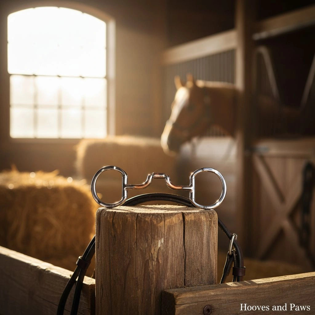 Myler Eggbutt Snaffle bit with hooks, stainless steel and copper inlay, on a rustic wooden post in a sunlit barn with a horse and hay visible in the background.