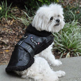 Doggie Design Black Top Dog Flight Harness Coat - Vegan Leather Bomber Jacket with Matching Leash - Multiple Sizes
