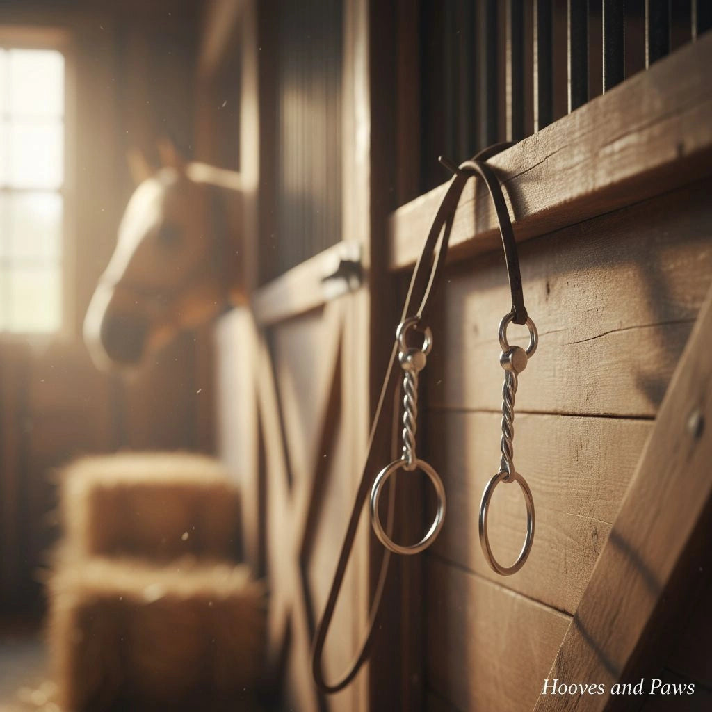 Myler MB 09T Twisted Snaffle Bit, sweet iron, hanging on a rustic wooden stable door. A blurred horse's head and hay bales are in the warm, dusty background.