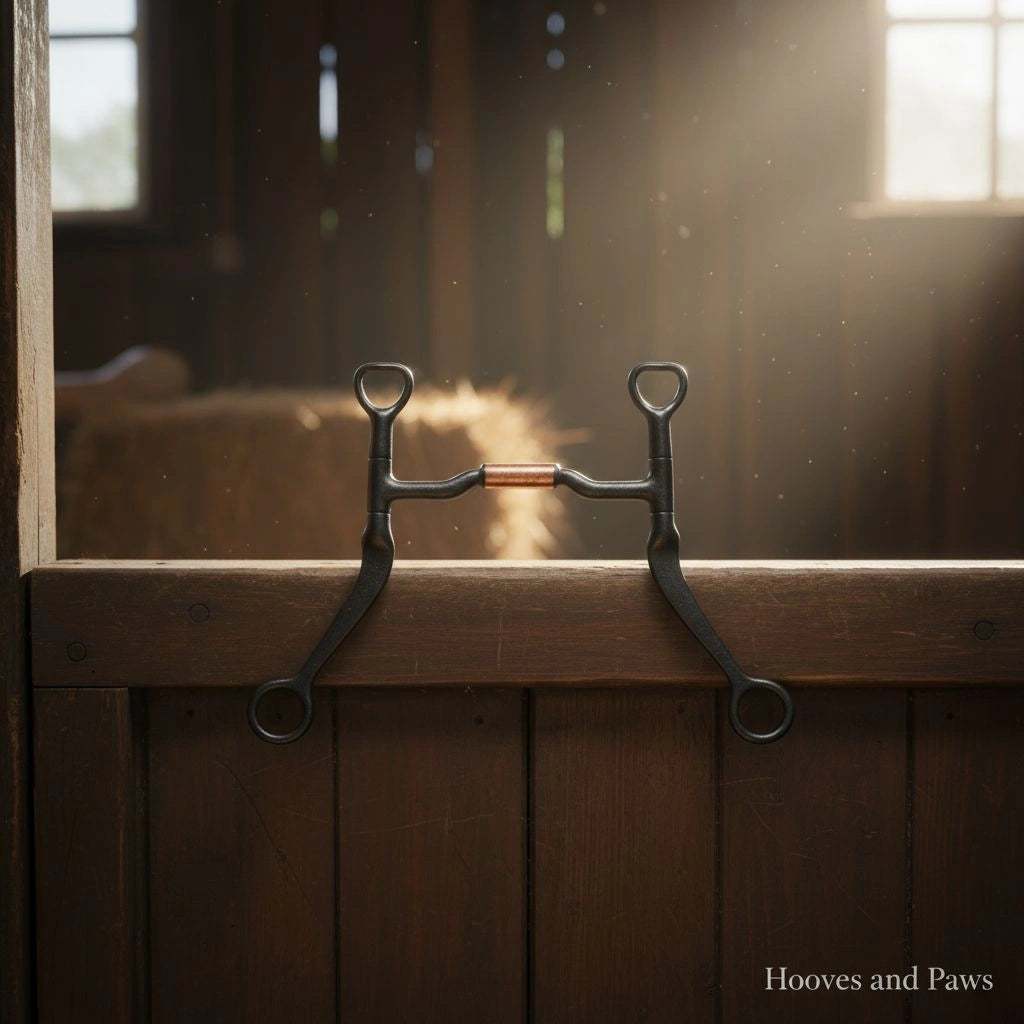 Myler MB 06 Sweet Iron Mullen Barrel curb bit with copper inlay, hanging on a rustic stable door in a sunlit barn.