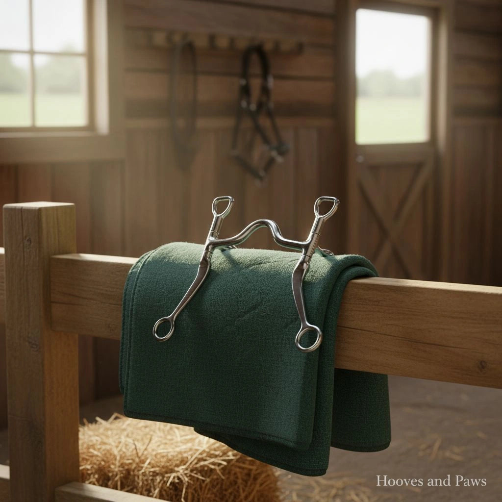 Myler MB 12 Sweet Iron Curb Bit with a low port and polished silver finish, resting on a dark green horse blanket draped over a wooden stable rail. A sunlit barn interior with hay and green fields visible through windows forms the background.