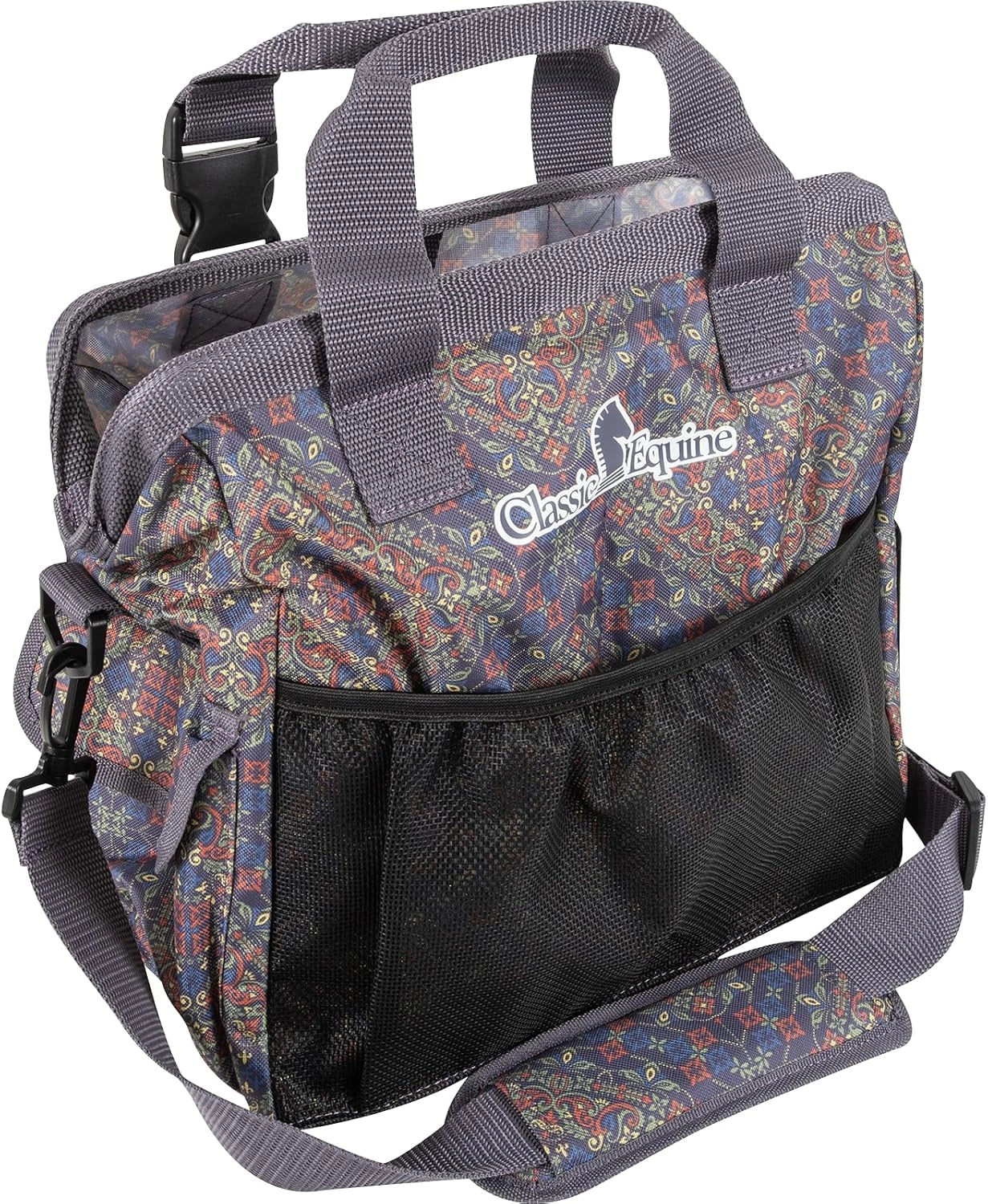 Backpack with floral pattern and visible brand logo on a white background